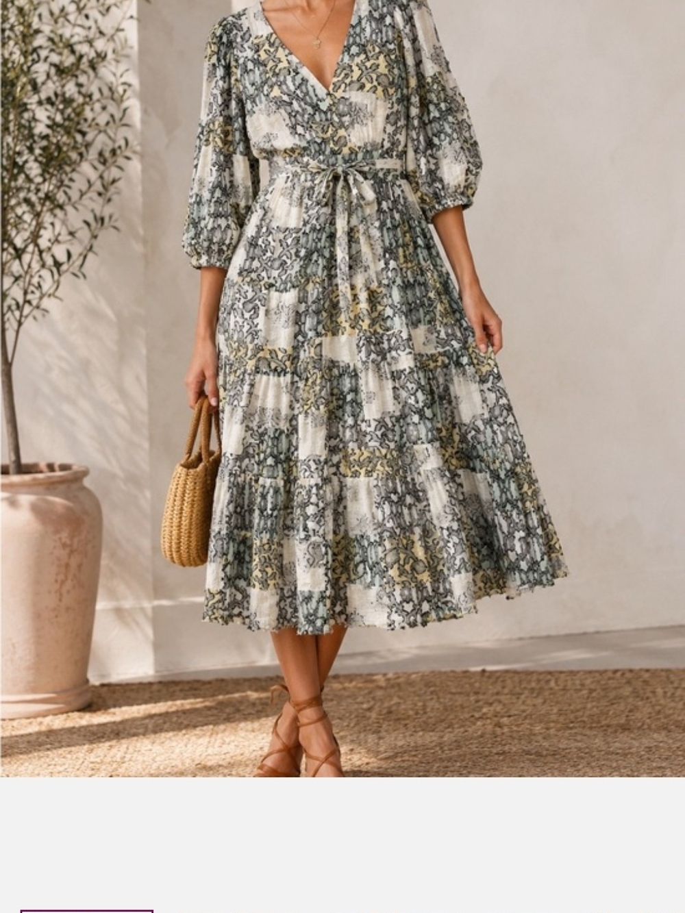 Anthropologie Printed V-Neck Tiered Midi Dress in Green and Cream Small